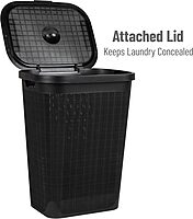 Mind Reader 60L Slim Laundry Hamper, Clothes Basket, Lid, Linen Design, Plastic, Black