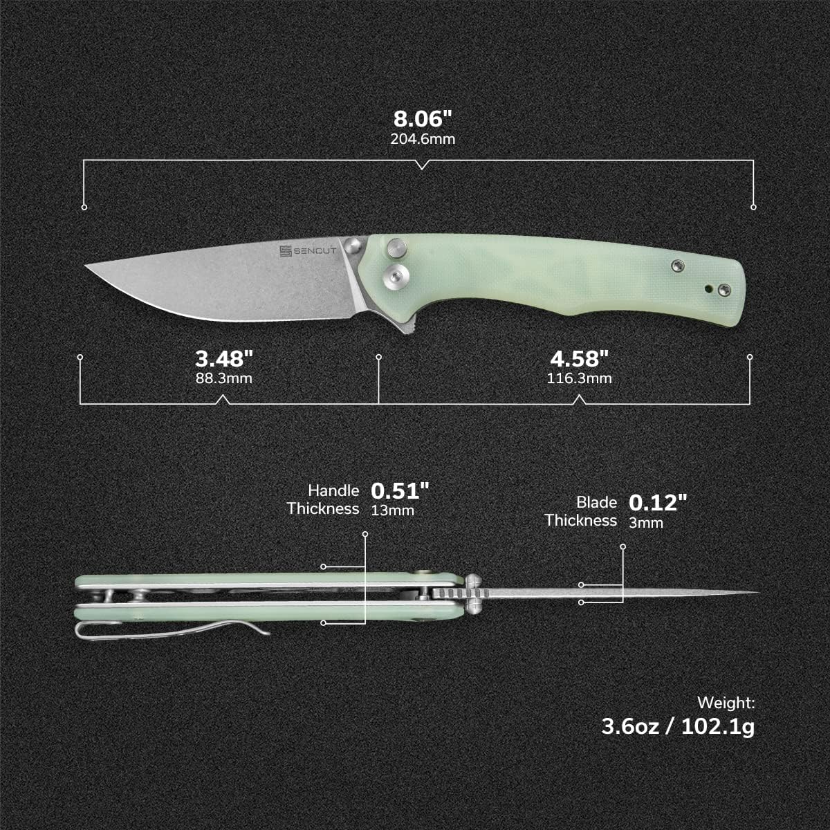 SENCUT Crowley Pocket Knife Button Lock Folding Knife for EDC, Natural G10 Handle Stonewashed D2 Blade Foldable Knife