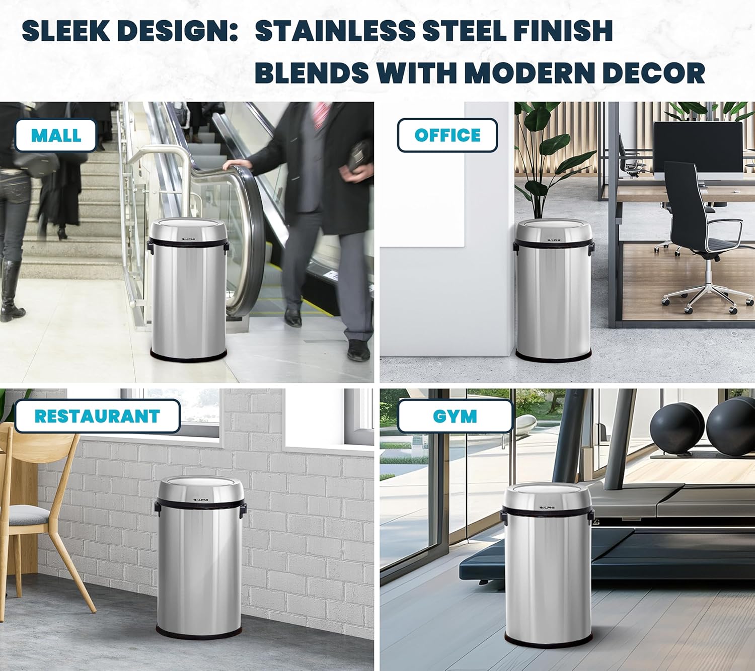 Alpine 17-Gallon Stainless Steel Swing Top Trash Can – Commercial Grade Round Garbage Bin with Odor Control Lid