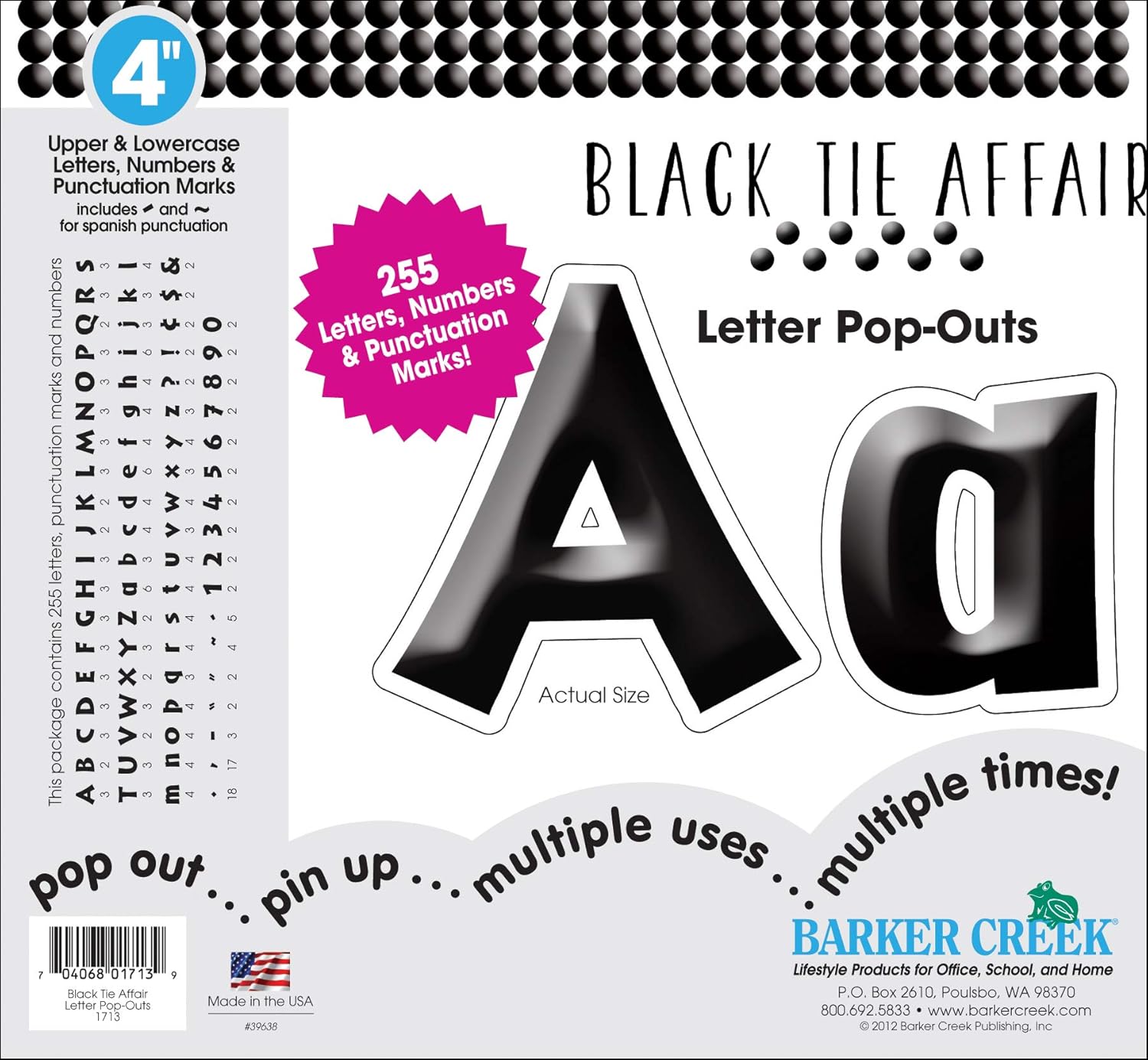 Barker Creek Letter Pop-Outs, 4" Black Tie Affair, Classy Black Designer Letters for Bulletin Boards, Breakrooms