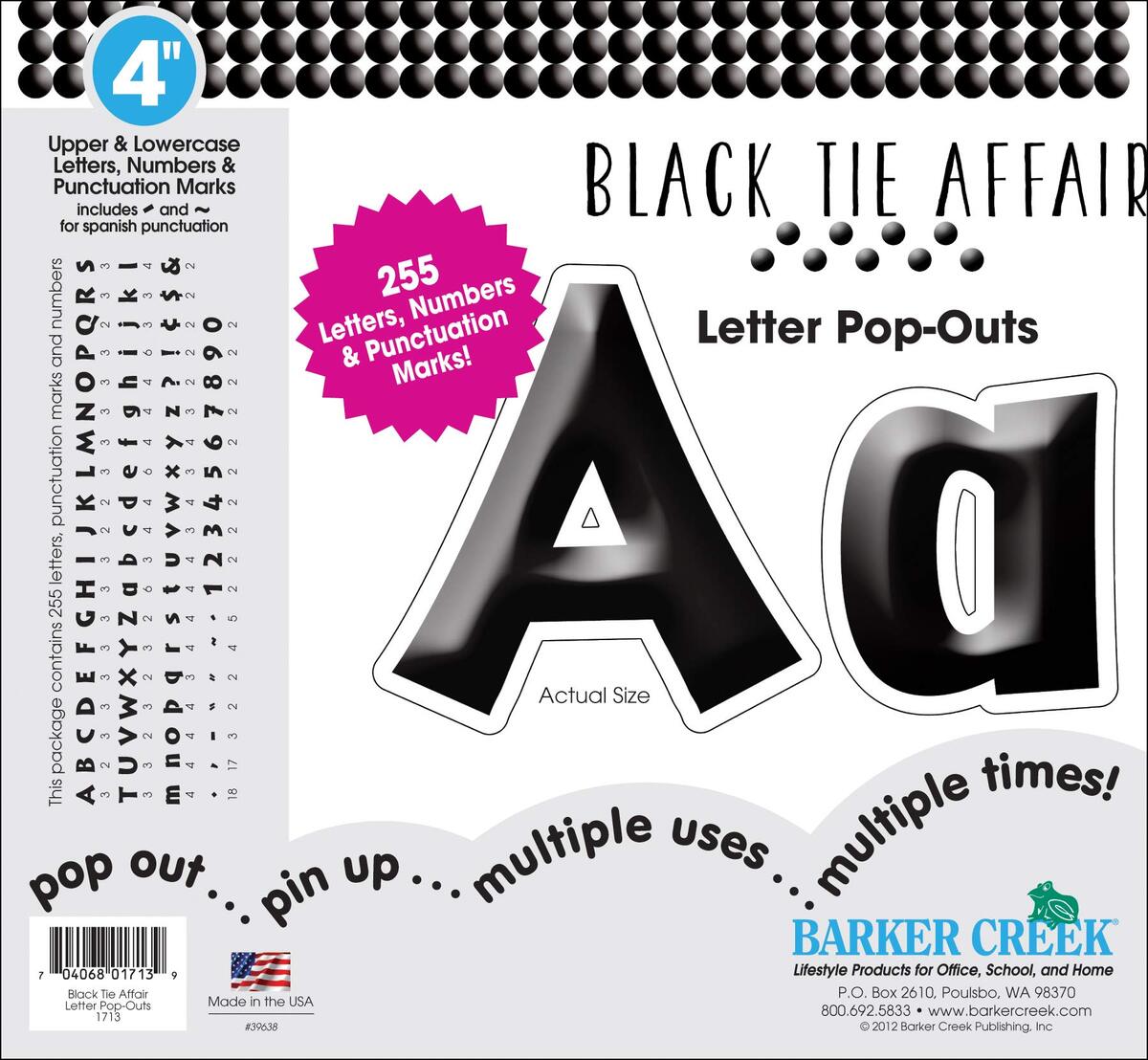 Barker Creek Letter Pop-Outs, 4" Black Tie Affair, Classy Black Designer Letters for Bulletin Boards, Breakrooms, Reception Areas, Signs, Displays, And More! 4", 255 Characters per Set (1713)
