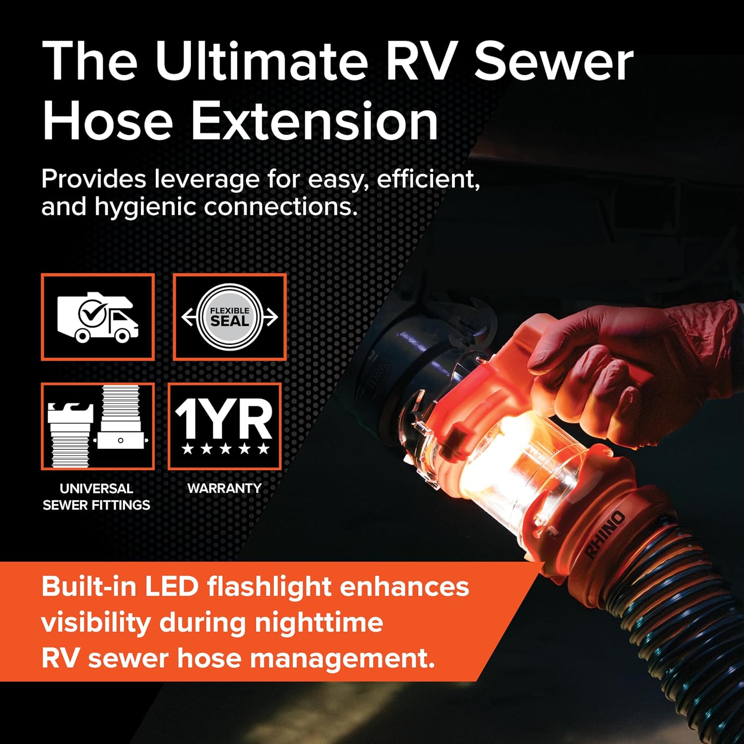 Camco Rhino RV Sewer Hose Extender PRO – 5 Sewer Hose Extension — Torque-Grip Handle with Built-in LED Flashlight