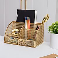 Martha Stewart Ryder Mesh Metal Small Desktop Organizer With Pen Holder And Drawer, 5inH x 8-3/4inW x 5-1/2inD, Gold