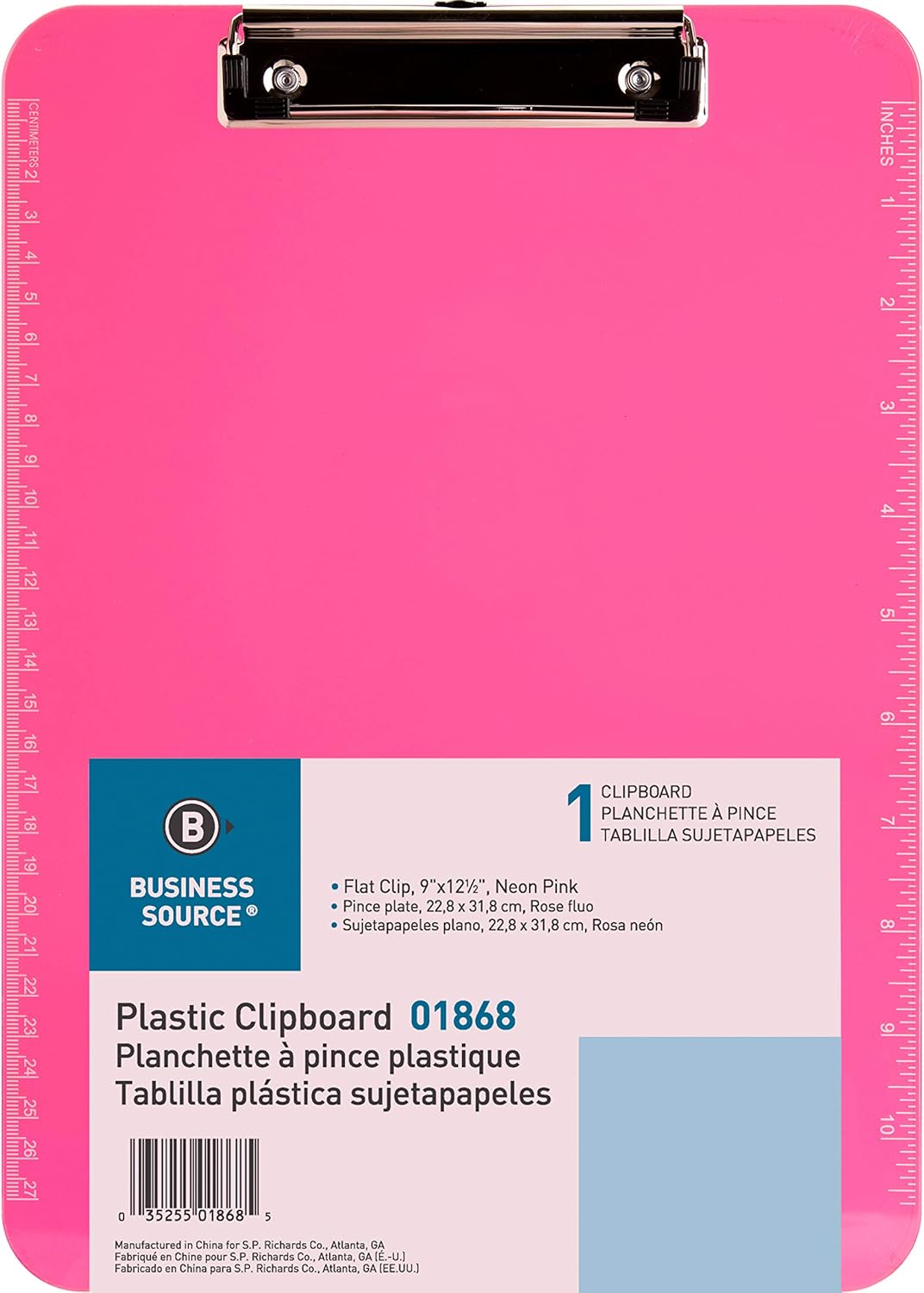 Neon Pink Transparent Plastic Clipboard, 9" x 12.5" (SPR01868)