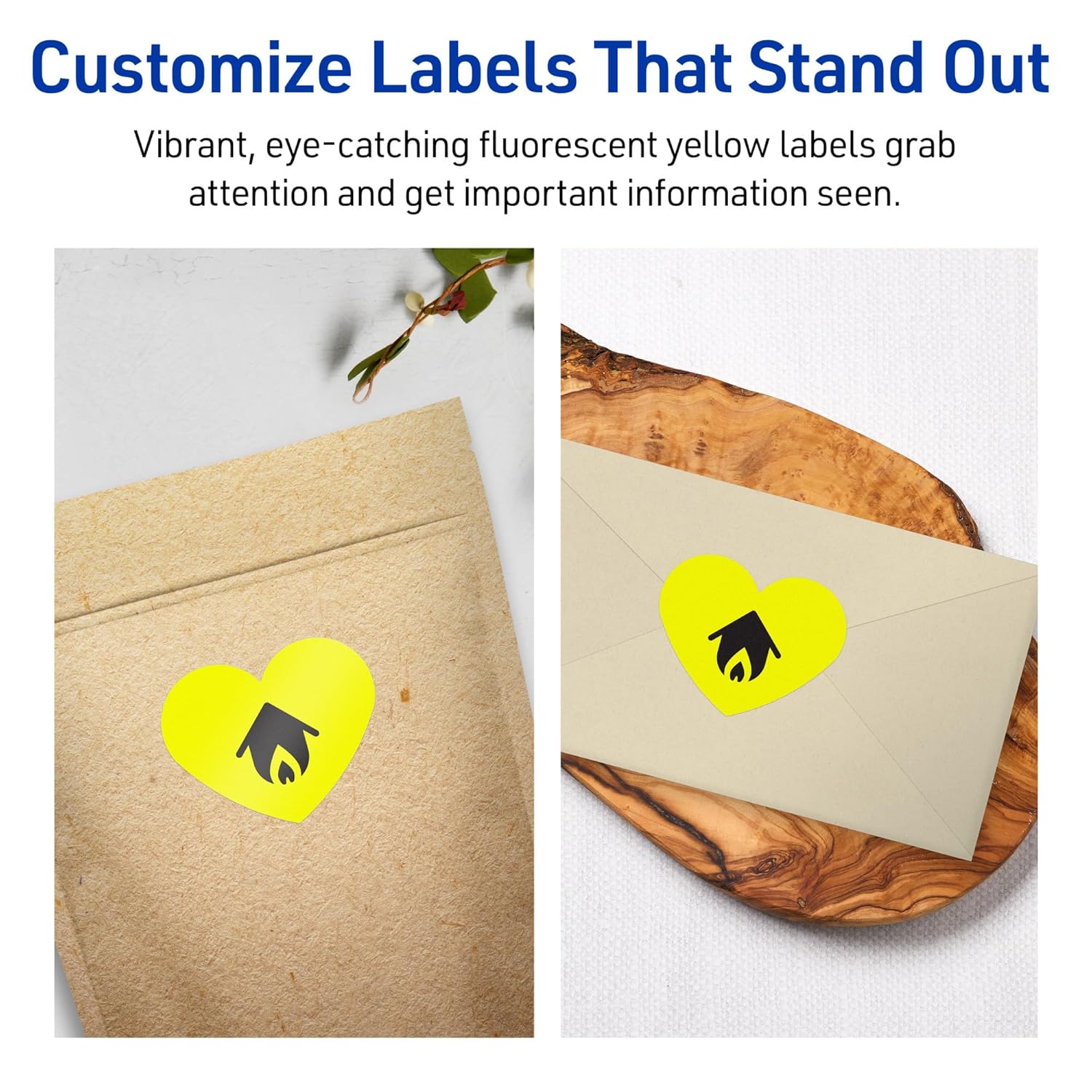Avery Printable Heart Labels, Sure Feed Technology, 2-9/32" x 1-27/32", Neon Yellow Labels, Print-to-The-Edge