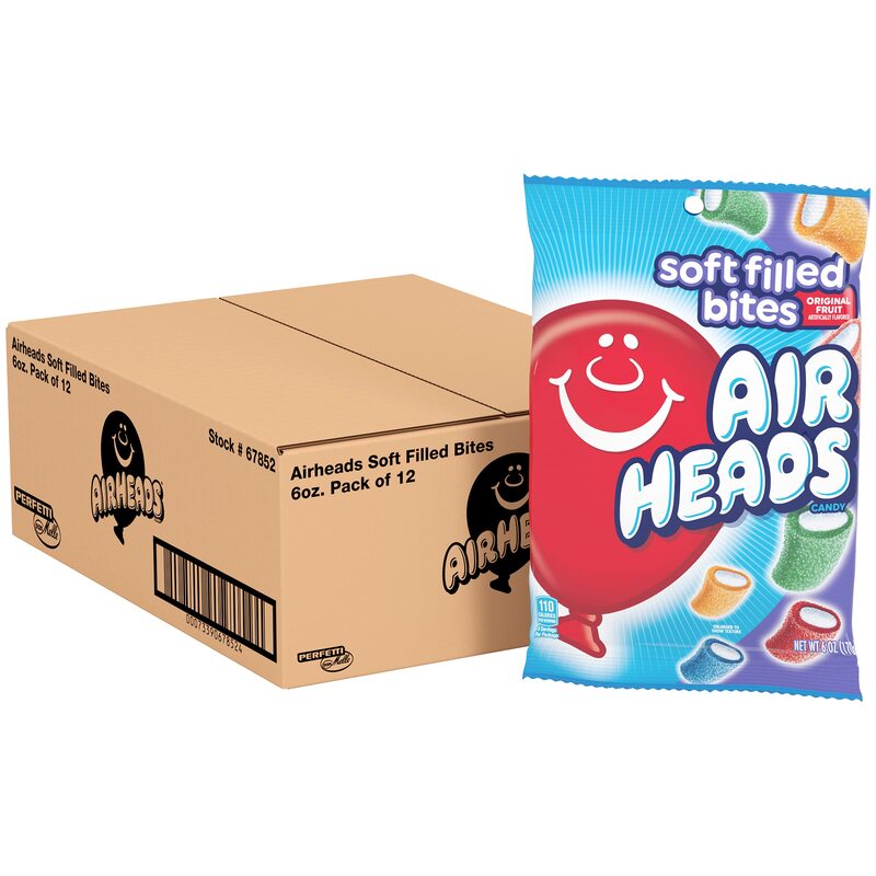 Airheads Candy, Soft Filled Bites, Assorted Flavors, Non Melting, Party, 6oz Bag, Box of 12 Bags Candy Original Fruit 6 Ounce (Pack of 12)