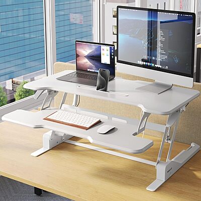 Mount-It! 38in Wide Height Adjustable Standing Desk Converter with Keyboard Tray