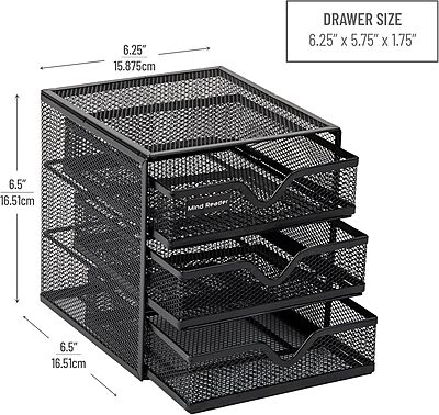 Mind Reader Desktop Accessory Storage, Desk Supplies, Organizer, Office, Metal Mesh, 6.25" L x 6.5" W x 6.5" H, Black 6.25"L x 6.5"W x 6.5"H 3 Drawers