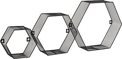Mind Reader Hexagon Floating Shelves, Wall Decor, Honeycomb Accent Shelf, Office, Metal Mesh, 14" L x 4" W x 12" H, Set of 3