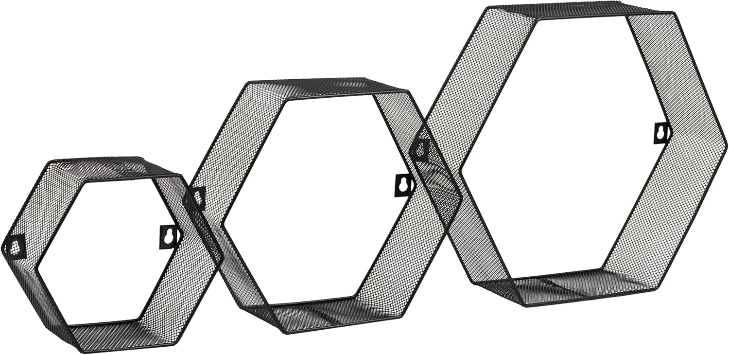 Mind Reader Hexagon Floating Shelves, Wall Decor, Honeycomb Accent Shelf, Office, Metal Mesh, 14" L x 4" W x 12" H, Set of 3
