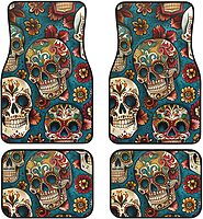 Sugar Skulls Print Printed Car Floor Mats Set of 4 Pieces | Floor Mats Protection for Cars Full Sets | Non-Slip & Waterproof