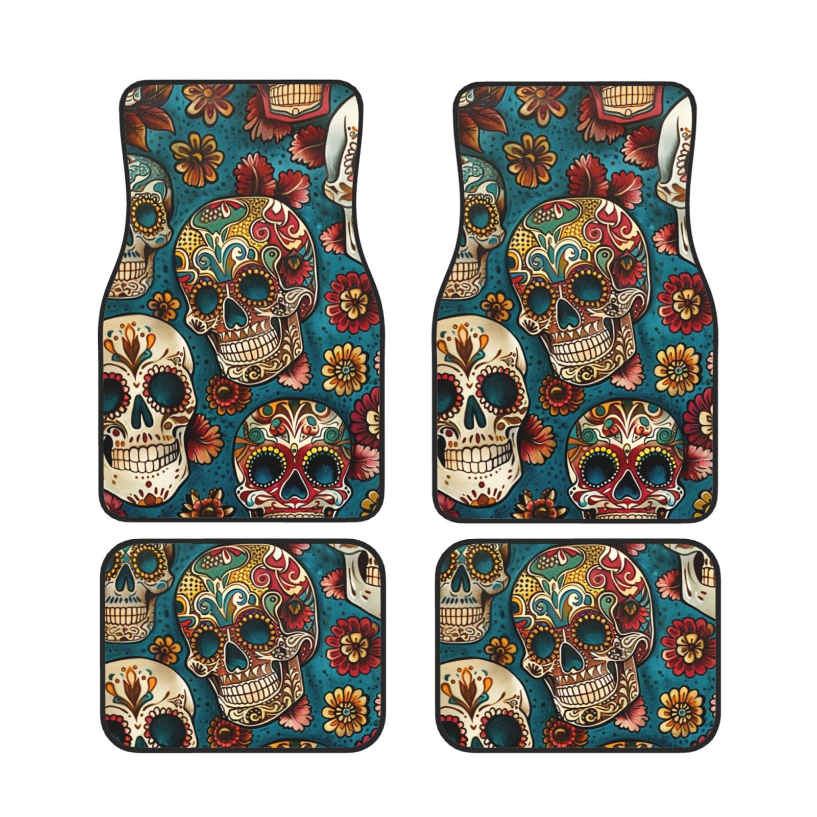 Sugar Skulls Print Printed Car Floor Mats Set of 4 Pieces | Floor Mats Protection for Cars Full Sets | Non-Slip & Waterproof
