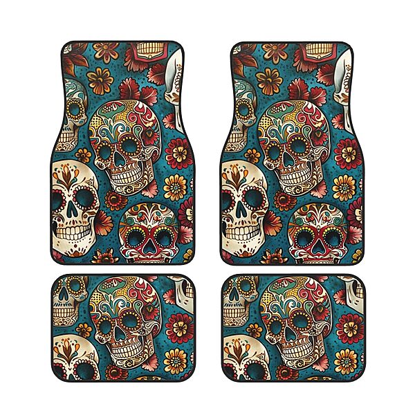 Sugar Skulls Print Printed Car Floor Mats Set of 4 Pieces | Floor Mats Protection for Cars Full Sets | Non-Slip & Waterproof