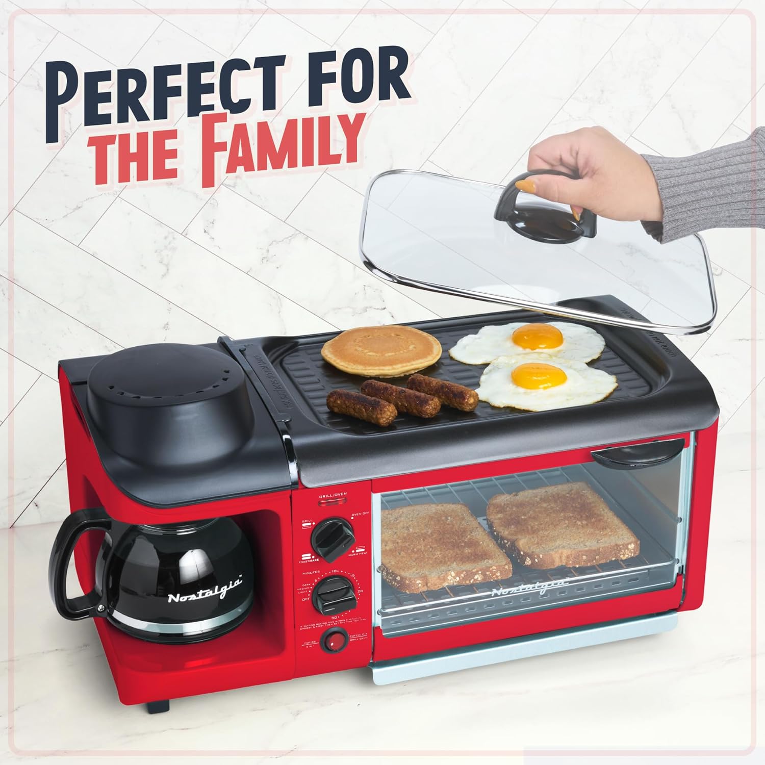 Nostalgia 3-in-1 Breakfast Station - Coffee Maker, Non-Stick Griddle, 4-Slice Toaster Oven