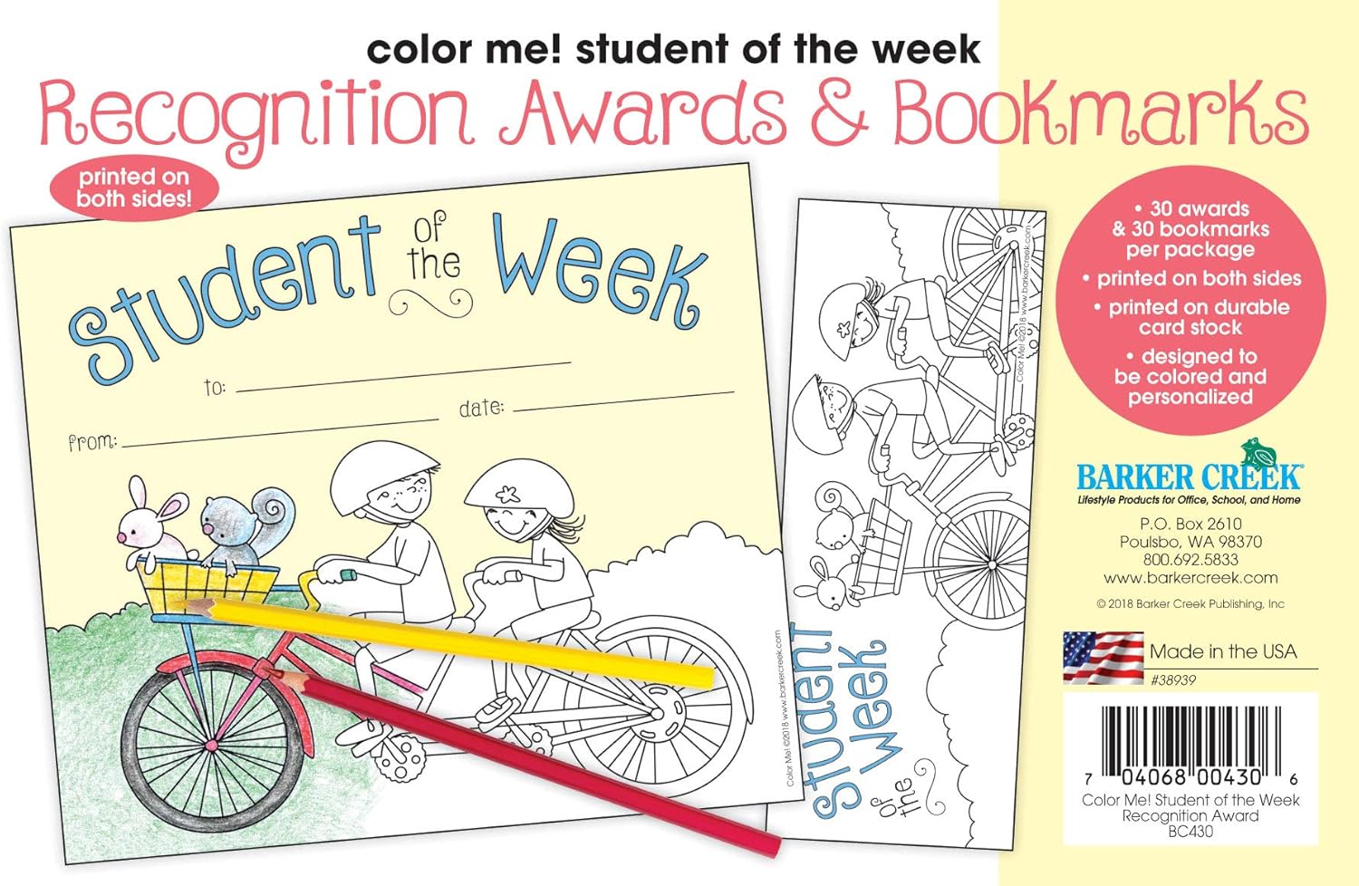 BARKER CREEK Recognition Awards and Bookmarks, Color Me Student of The Week, Awards are 6-3/8" x 5-1/2"