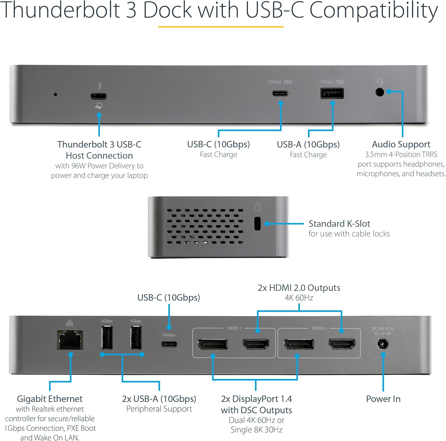StarTech.com USB C Docking Station for MacBook Pro/Air-M1/M2/M3/M4, Dual 4K 60Hz/Single 8K, Thunderbolt Compatible