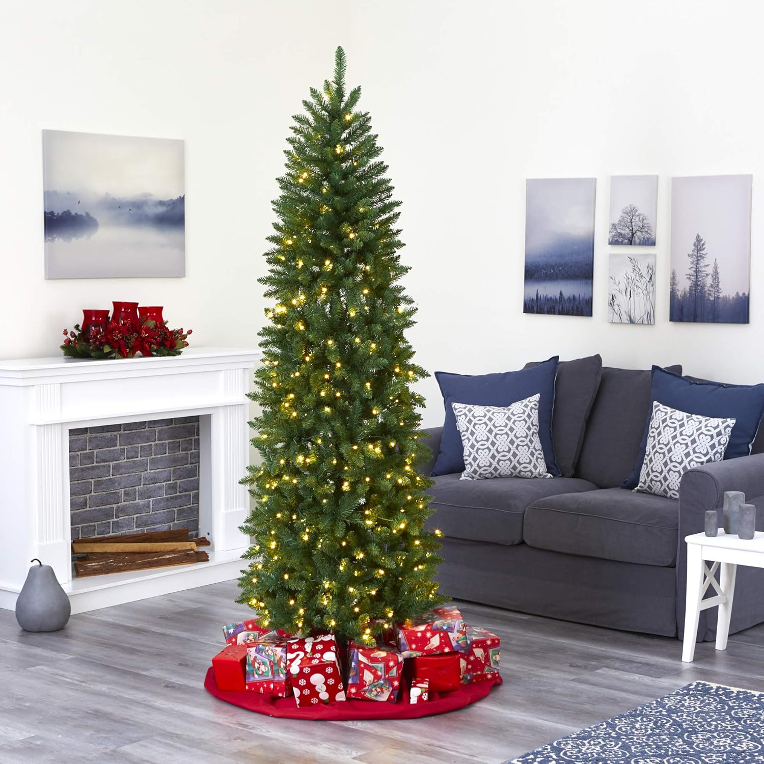Nearly Natural 6.5ft. Slim Green Mountain Pine Artificial Christmas Tree with 300 Clear LED Lights 6ft 6in Green