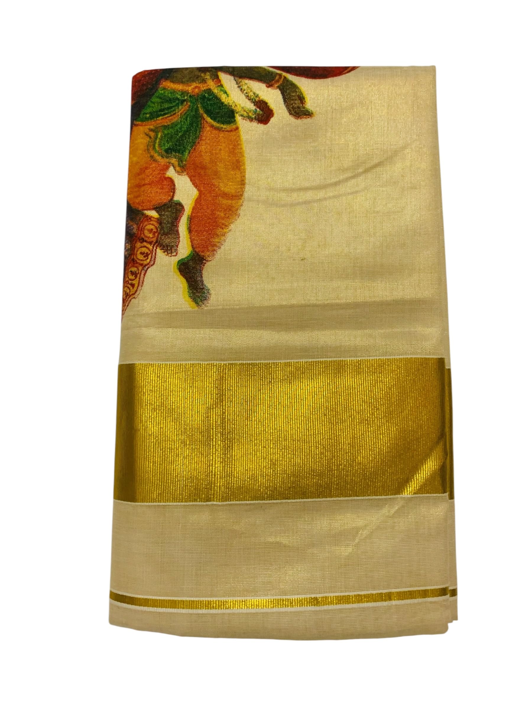 Kuthampully Kerala Kasavu Saree Tissue Mural Painted | Traditional South Indian Saree | Onam Saree - Multi Color BOM-656