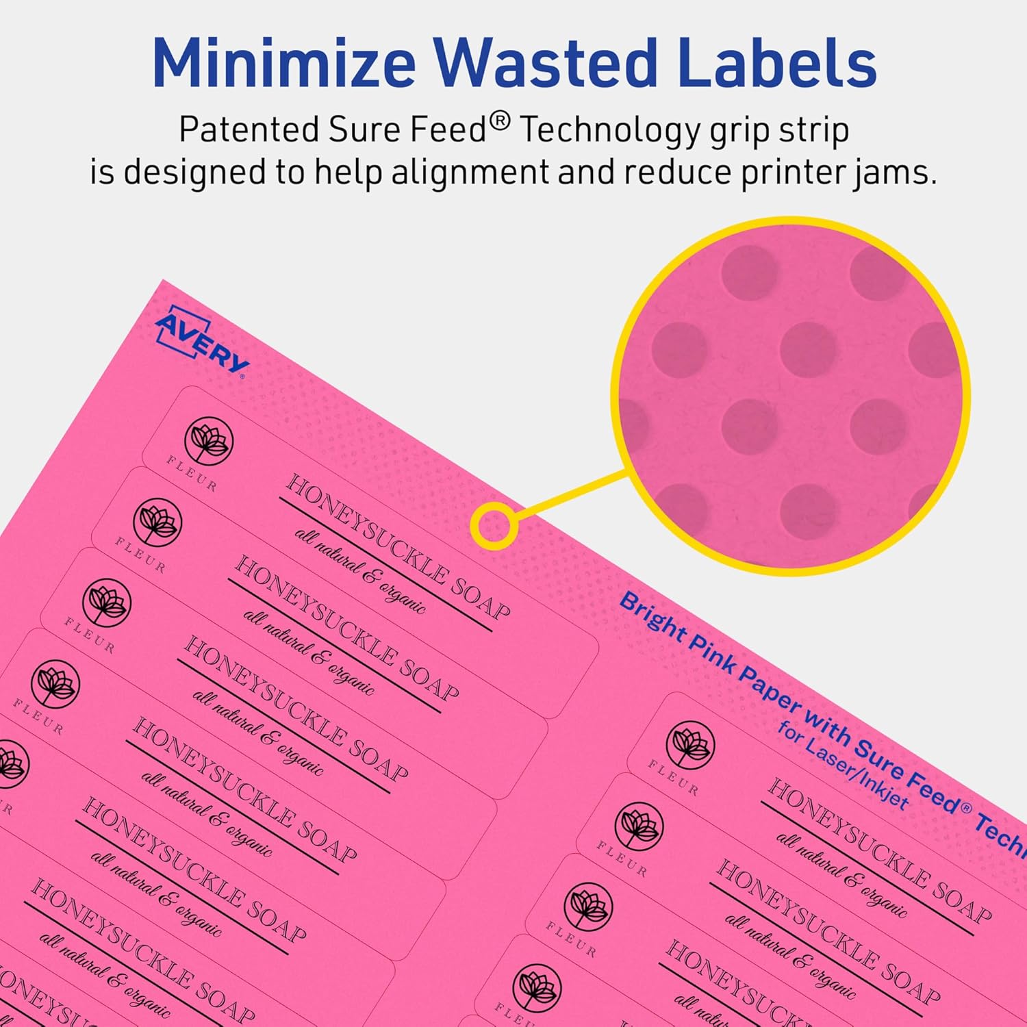 Avery Printable Rectangle Labels, Sure Feed Technology, 2/3" x 3-7/16", Bright Pink Labels, Laser/Inkjet Printable