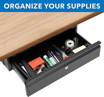 Mount-It! Under Desk Pull-Out Drawer with Lock and 2 Keys Included | Office Storage Organizer | Mounts to Desktops Tables and Workbenches Over 0.71 Inches Thick | Matte Black Lockable