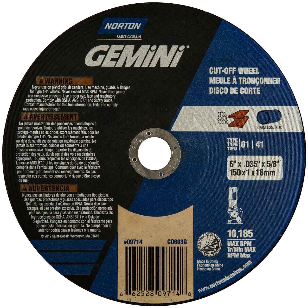 Norton 66252809714 6x.035x5/8 In. Gemini AO Circular Saw Cut-Off Wheels, Type 01/41, 60 Grit, 25 pack