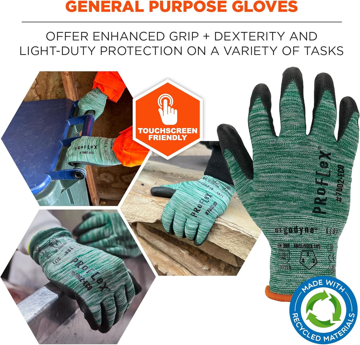 ERGODYNE ProFlex 7002-ECO Recycled PU Coated Work Gloves 15-Gauge