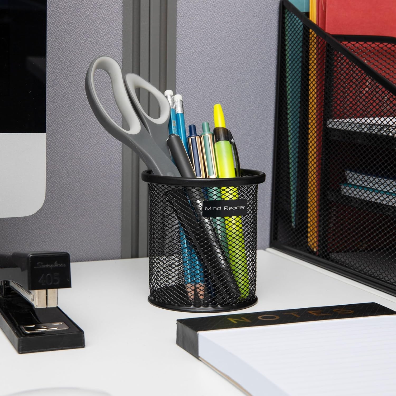 Mind Reader Pen and Accessories Holder, Desktop Organizer, Office, Metal Mesh, 3.5" L x 3.5" W x 3.75" H, Set of 3, Black