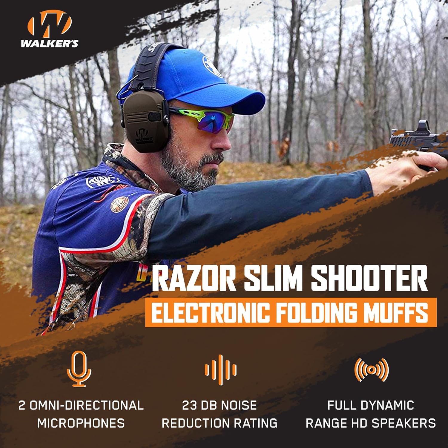 WALKER'S Razor Slim Electronic Earmuffs Ultra Low-Profile Folding Hearing Protection