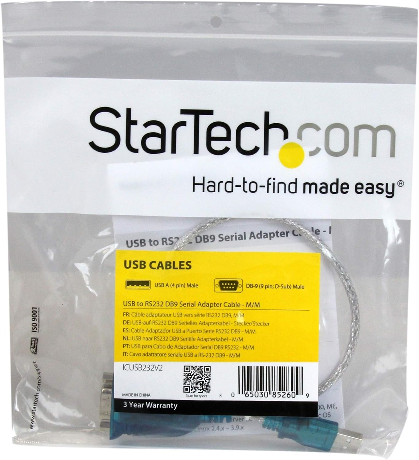 StarTech.com 17in (43cm) 1-Port USB to RS232 DB9 Serial Adapter Cable, USB to Serial Adapter Cable - M/M