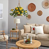 Nearly Natural Hibiscus 22inH Artificial Plant With Hanging Basket, 22inH x 28inW x 24inD, Yellow