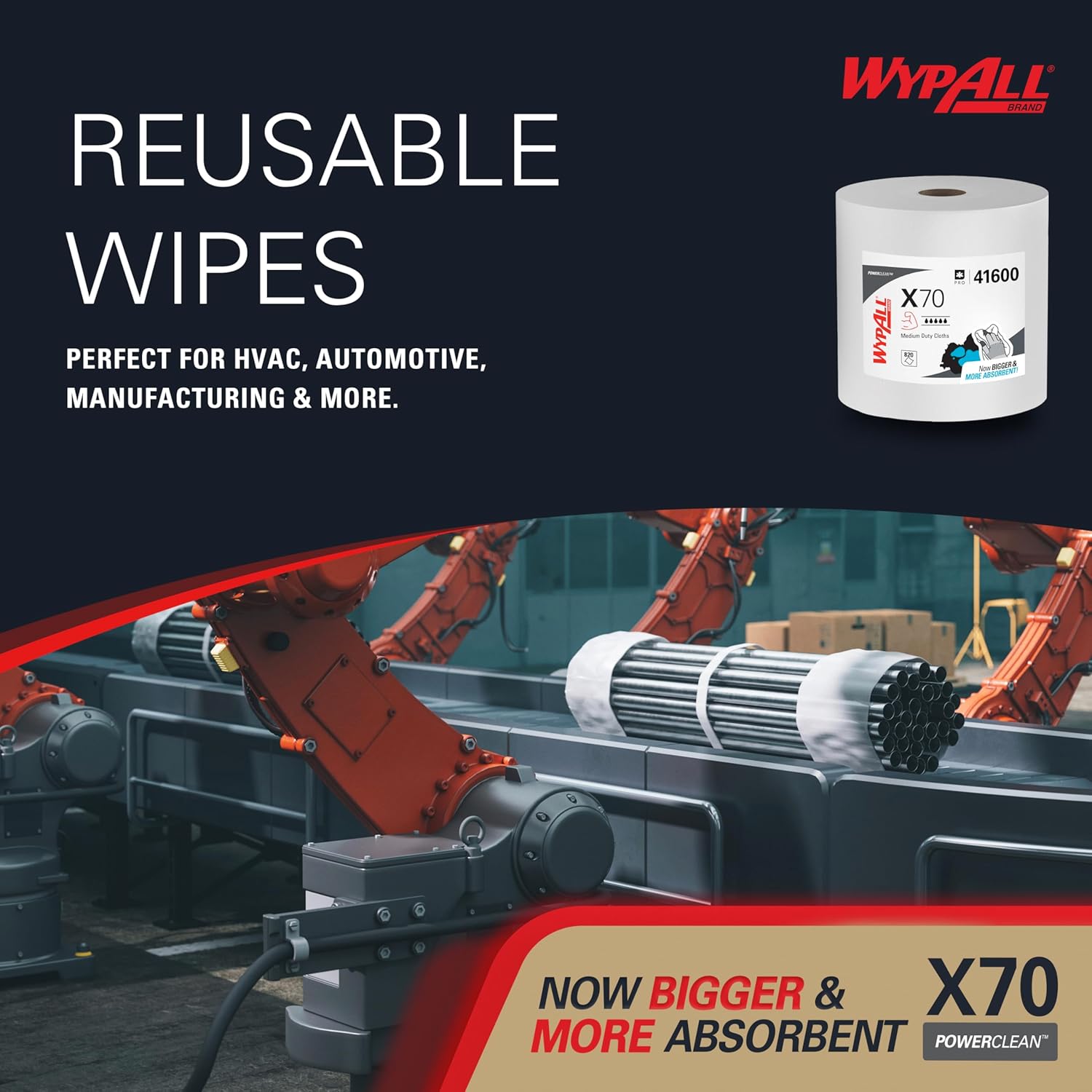 WypAll PowerClean X70 Cloths Medium Duty Wipes, Jumbo Roll, 870 Sheets, White
