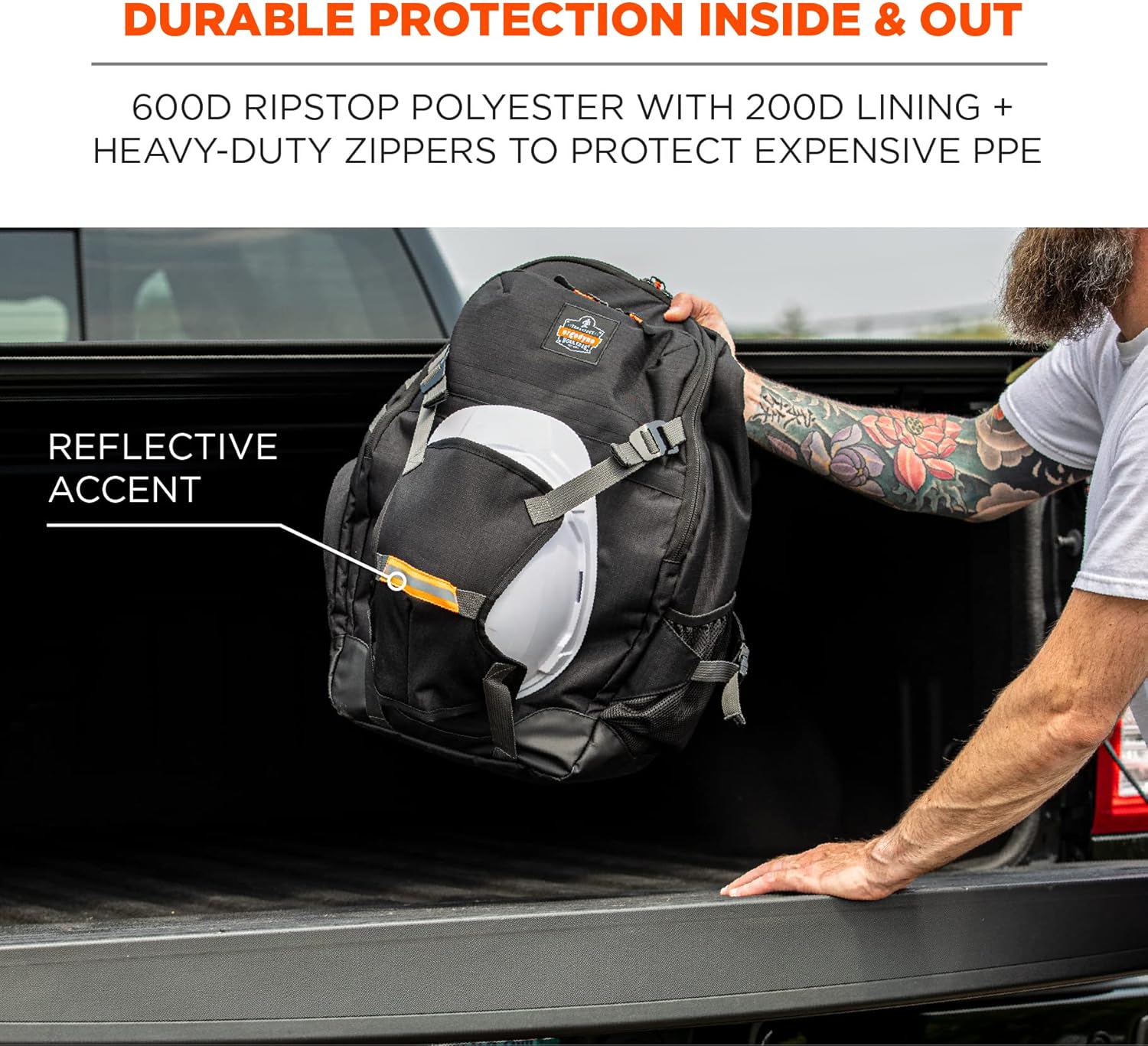 Ergodyne Arsenal 5188 Work Gear Jobsite Backpack with Hard Hat Storage, Padded Shoulder Straps, 39L Capacity,Black, Large