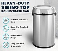 Alpine 17-Gallon Stainless Steel Swing Top Trash Can – Commercial Grade Round Garbage Bin with Odor Control Lid, Brushed Finish, Large Capacity for Home, Office & High-Traffic Areas