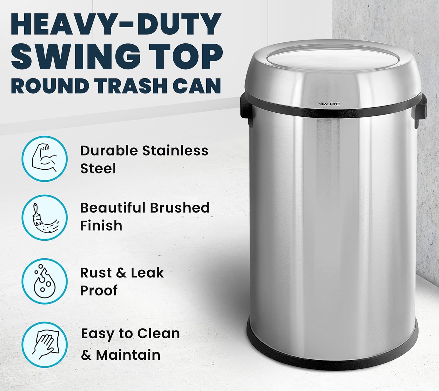 Alpine 17-Gallon Stainless Steel Swing Top Trash Can – Commercial Grade Round Garbage Bin with Odor Control Lid