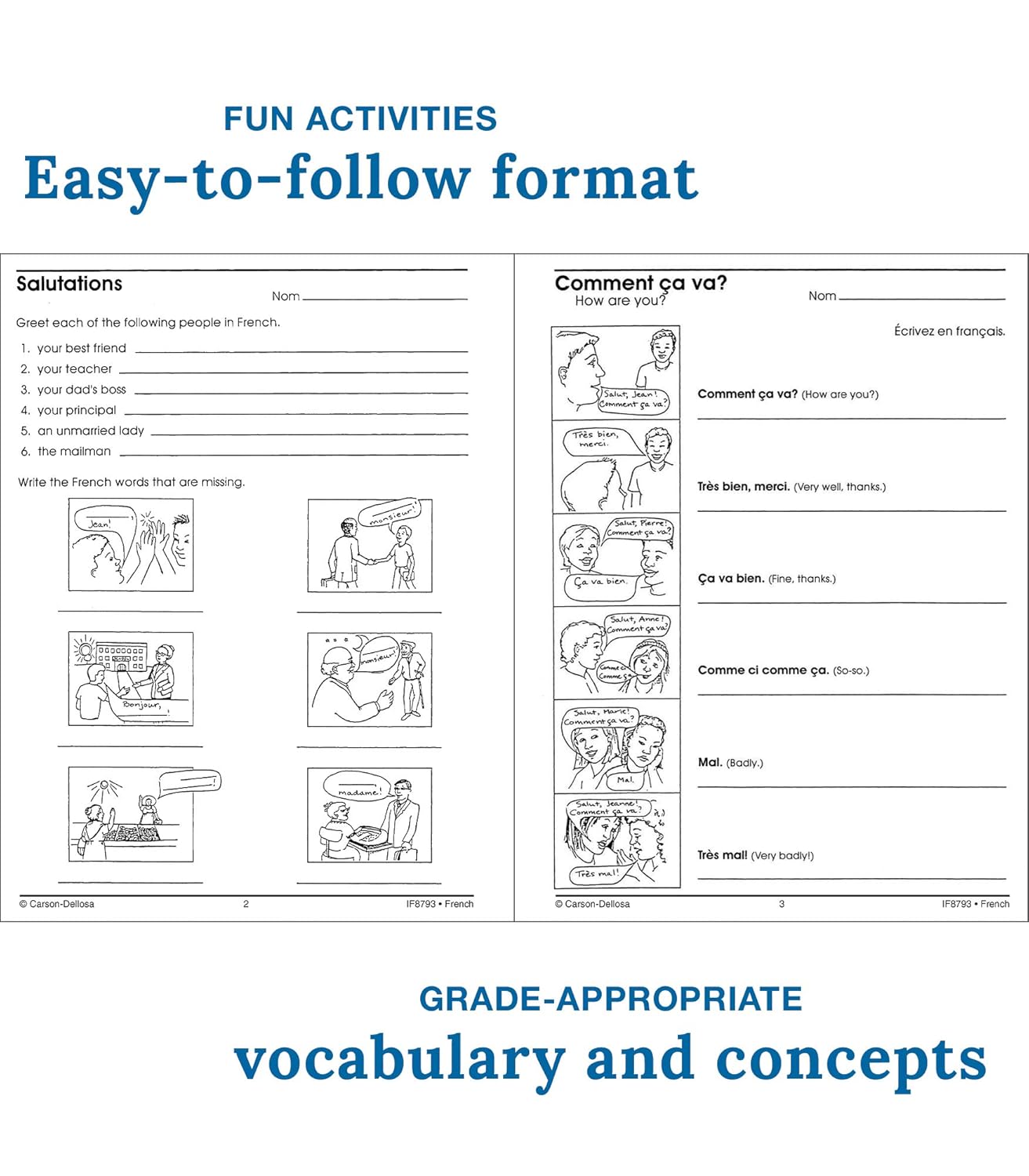Carson Dellosa The 100 Series French Workbook, Parts of Speech, Vocabulary, Common Phrases, Sentence Building Skills