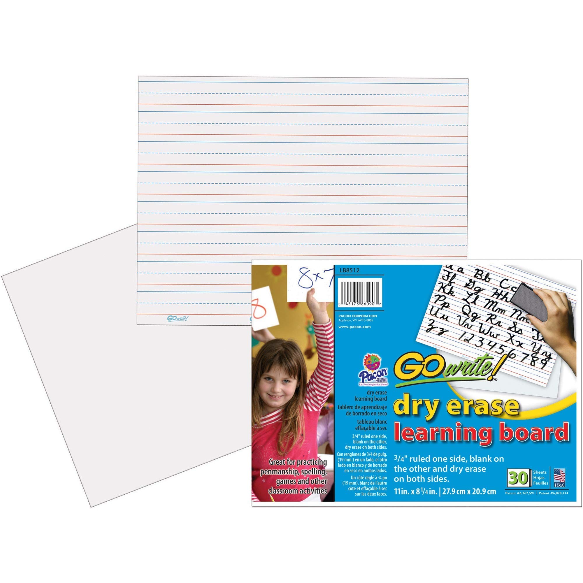 PACLB8512 Dry Erase Learning Sheets, White, 3/4" x 3/8" x 1/4" Ruled, 11" x 8-1/4", 30 Sheets
