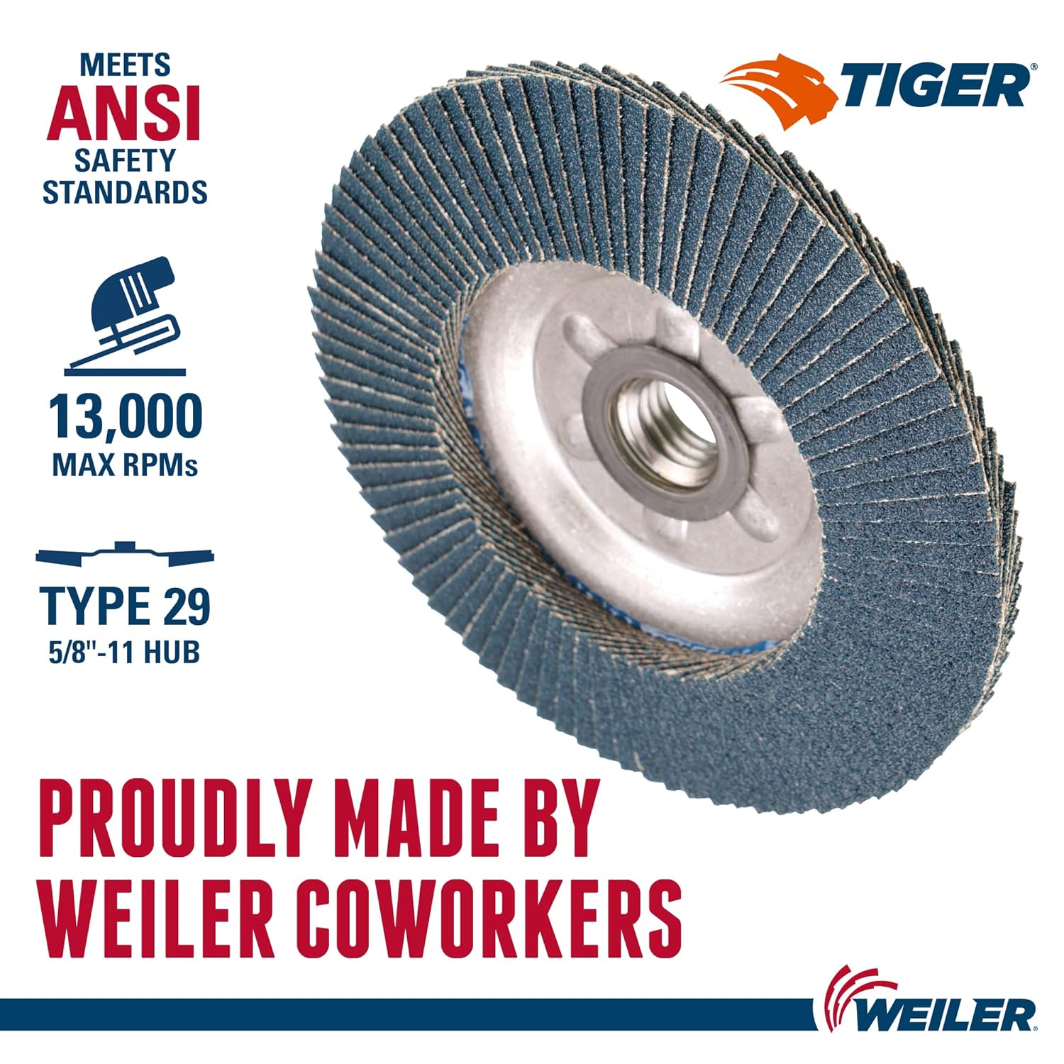 Weiler 50509 Tiger Abrasive Flap Disc, Type 29, Threaded Hole, Aluminum Backing, Zirconia Alumina, 4-1/2" Dia