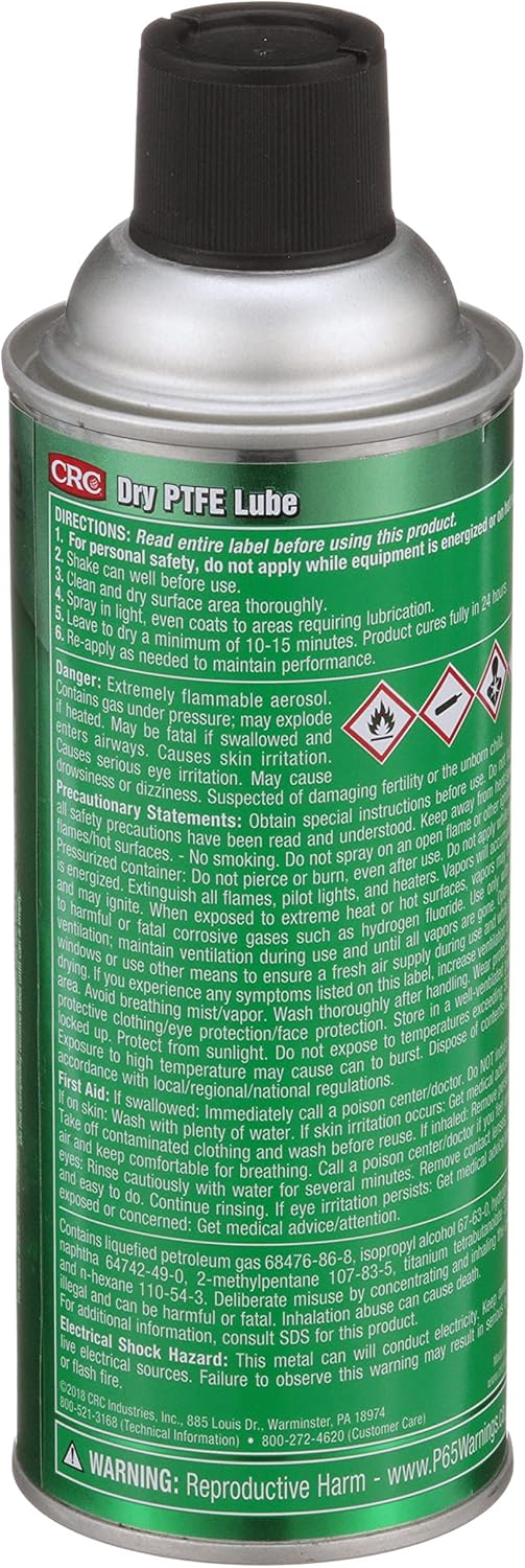 CRC Dry PTFE Lube, 10 Wt Oz, NSF H2 Registered Lubricant with Advanced Dry Film Technology, Plastic-Safe