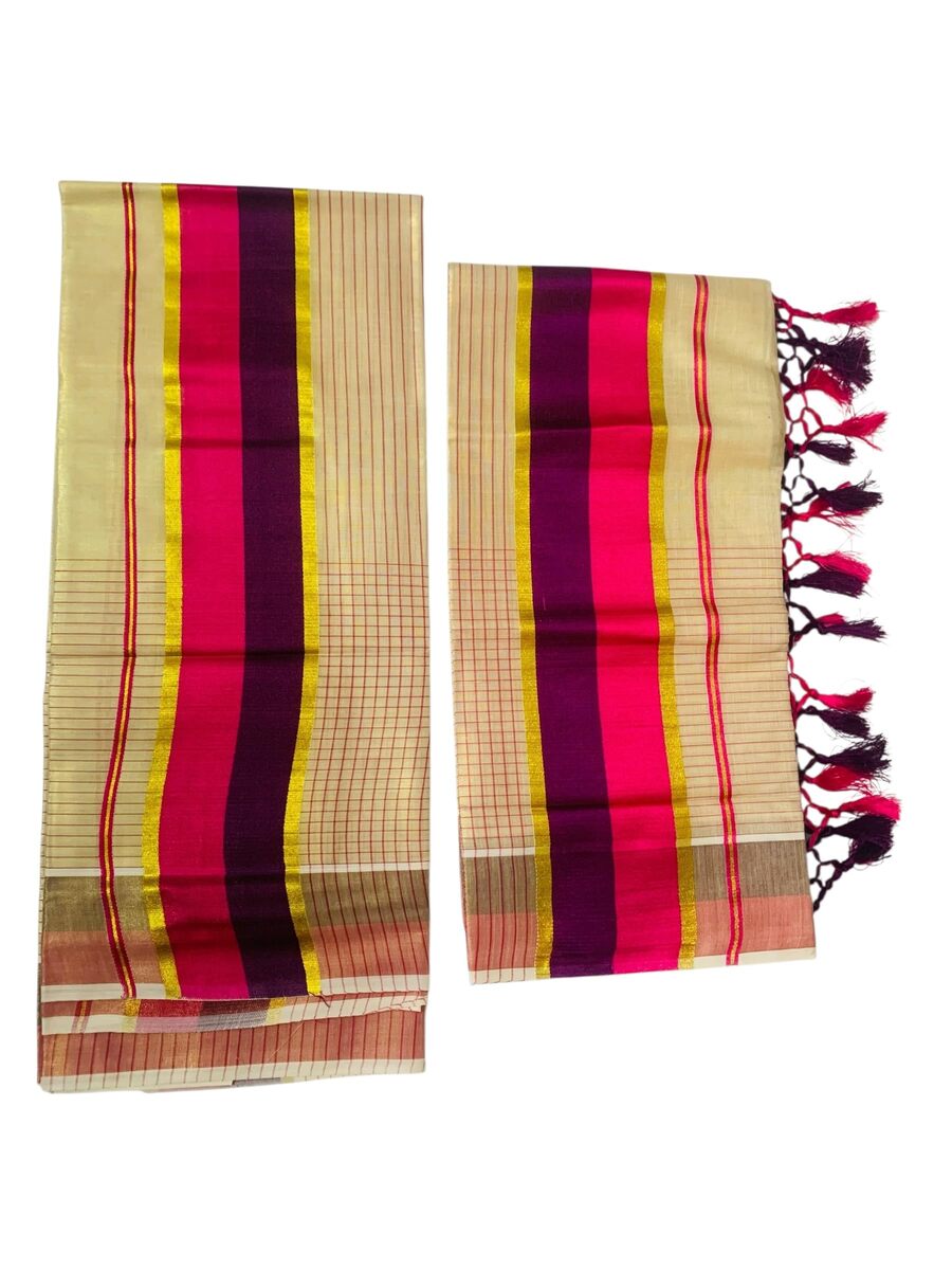 Women's Kuthampully Kerala Kasavu Set mundu Tissue with Kunjam | Kerala Tissue set mundu latest collections | Kuthampully Stripe Kasavu set mundu - Multi Color KTM-902 (Pink)