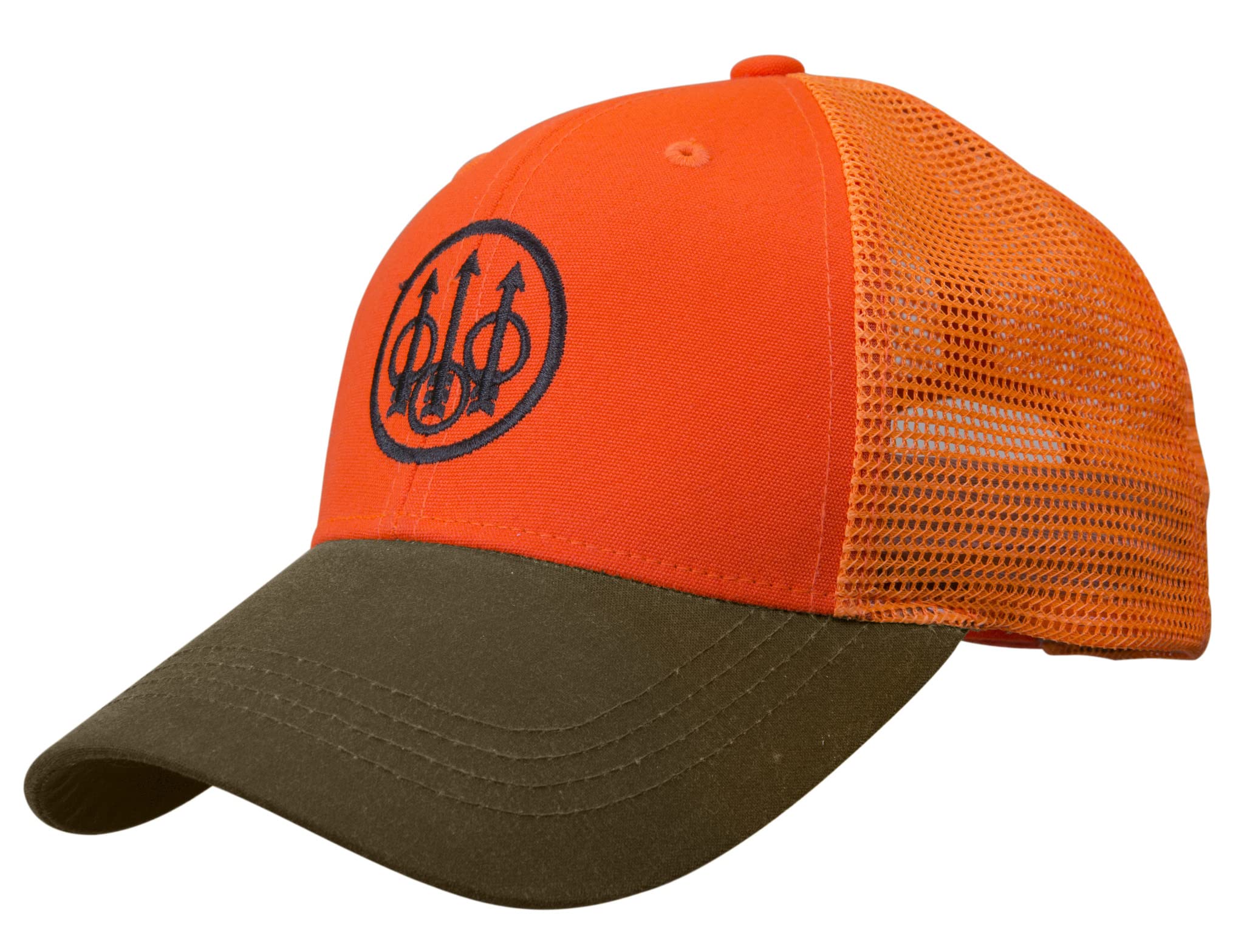 Beretta Men's Tobacco/Blaze Orange Upland Mesh Back Hunting Trucker Hat with Waxed Cotton Bill and Velcro Closure, One Size