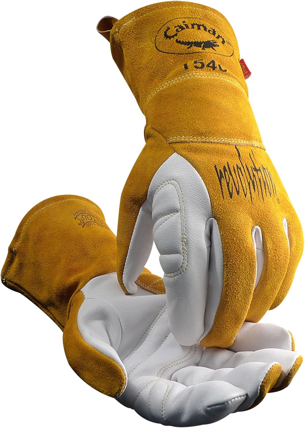 Caiman White/Gold Goat Grain Kontour Welding Gloves Arched Wrist Unlined Palm with Insulated Back/Padded Palm/Reinforced