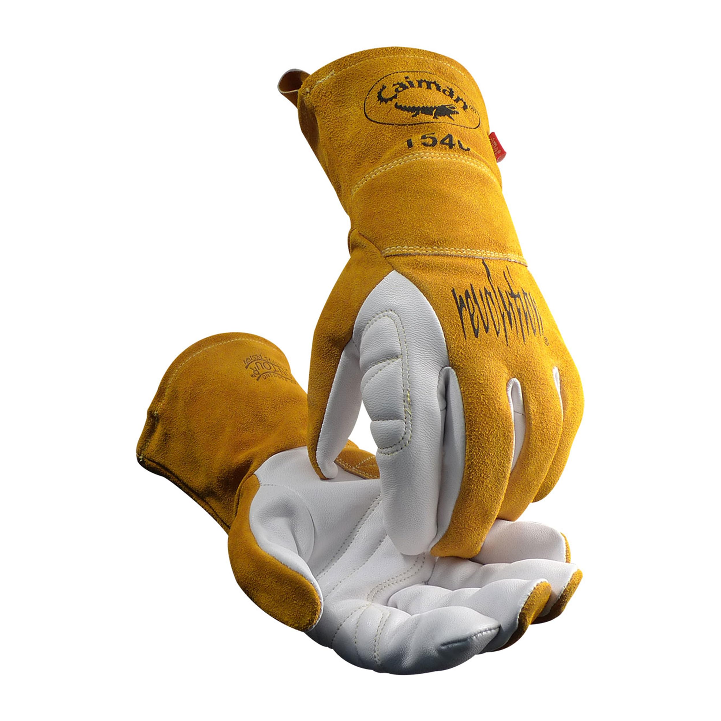 Caiman White/Gold Goat Grain Kontour Welding Gloves Arched Wrist Unlined Palm with Insulated Back/Padded Palm/Reinforced