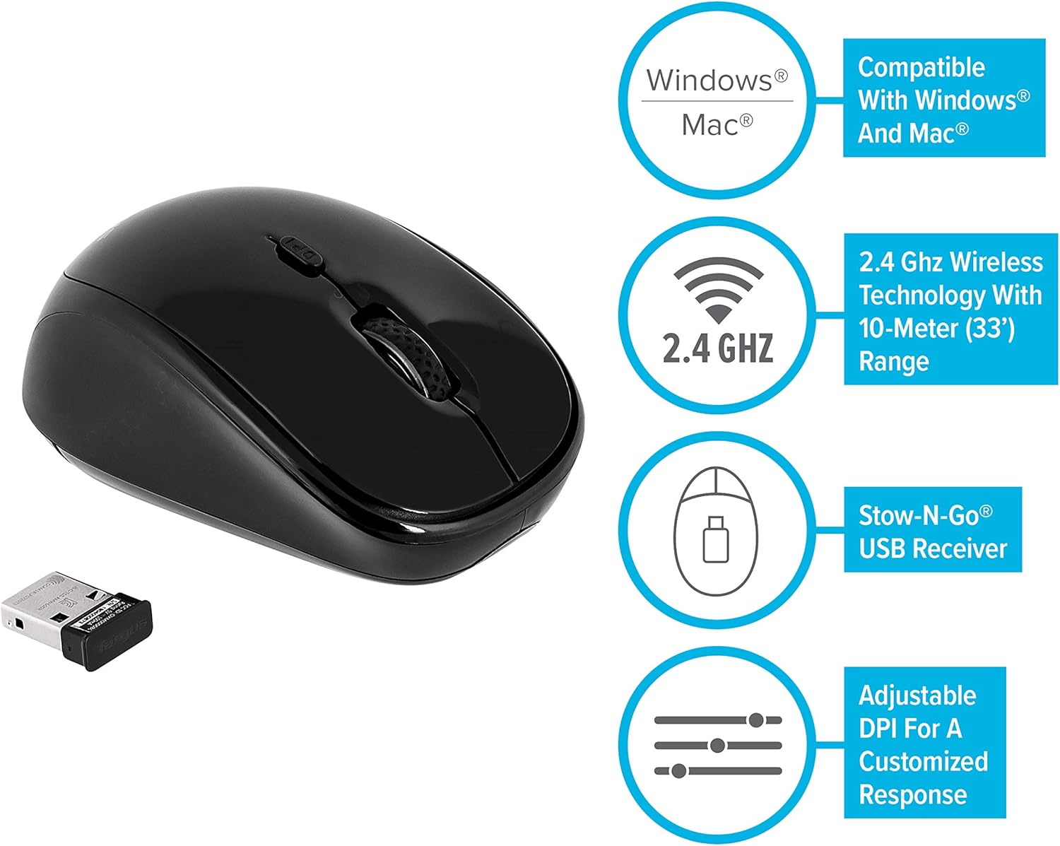 Targus Wireless Mouse with Blue Trace Technology for Tracking, Includes Micro USB Receiver and 2 Batteries