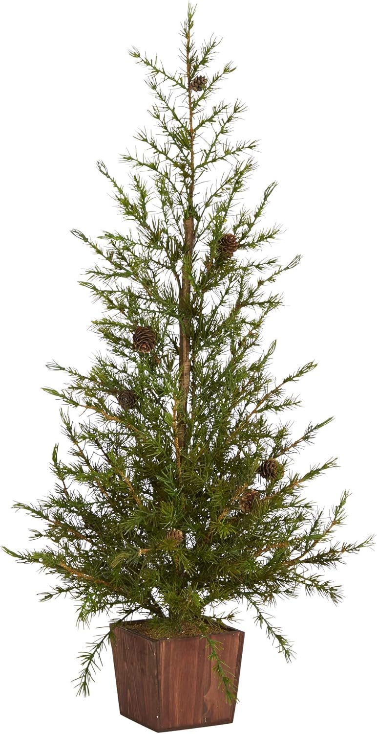Nearly Natural 3ft. Alpine Natural Look Artificial Christmas Tree in Wood Planter with Pine Cones