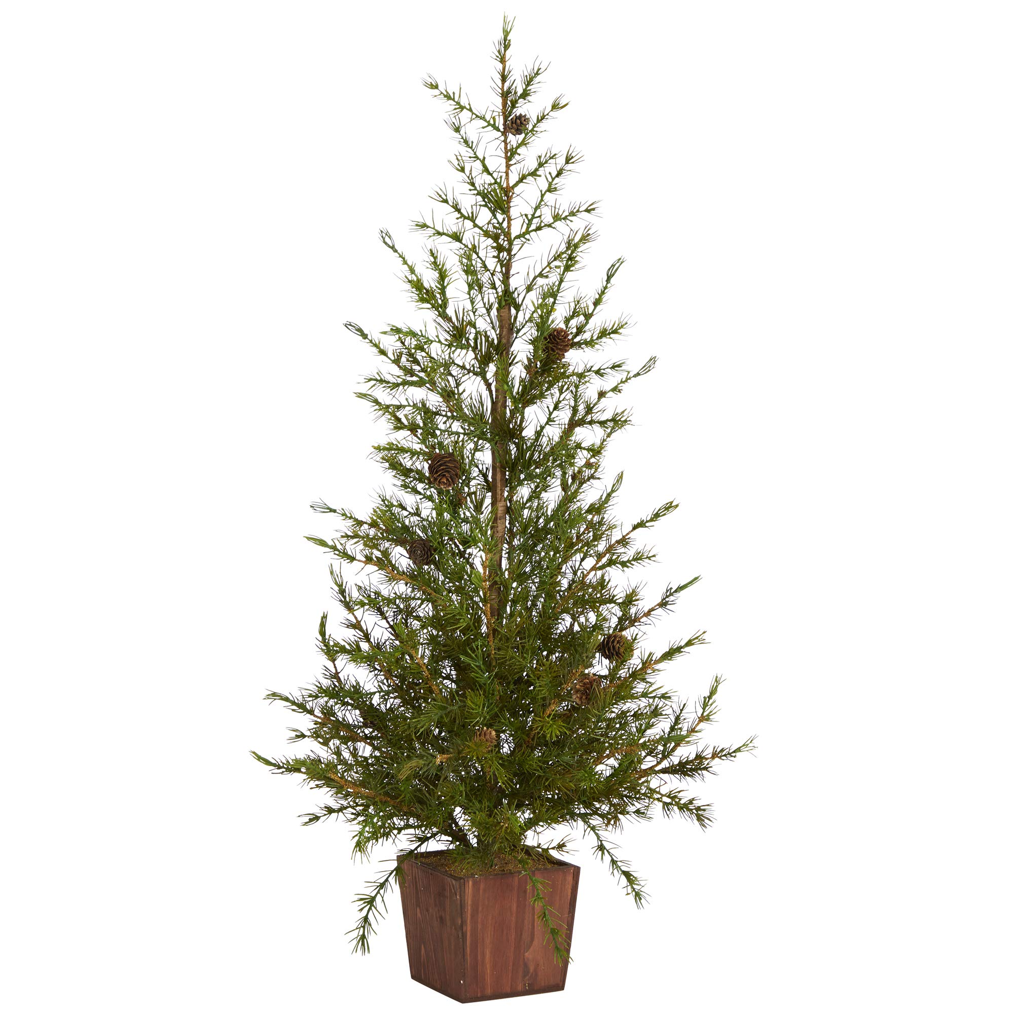 Nearly Natural 3ft. Alpine Natural Look Artificial Christmas Tree in Wood Planter with Pine Cones