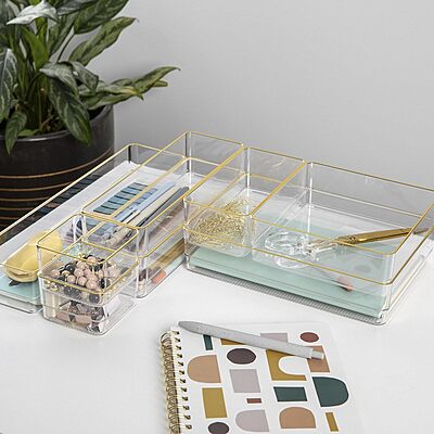 MARTHA STEWART Kerry Plastic Stackable Office Desk Drawer Organizers with Gold Trim