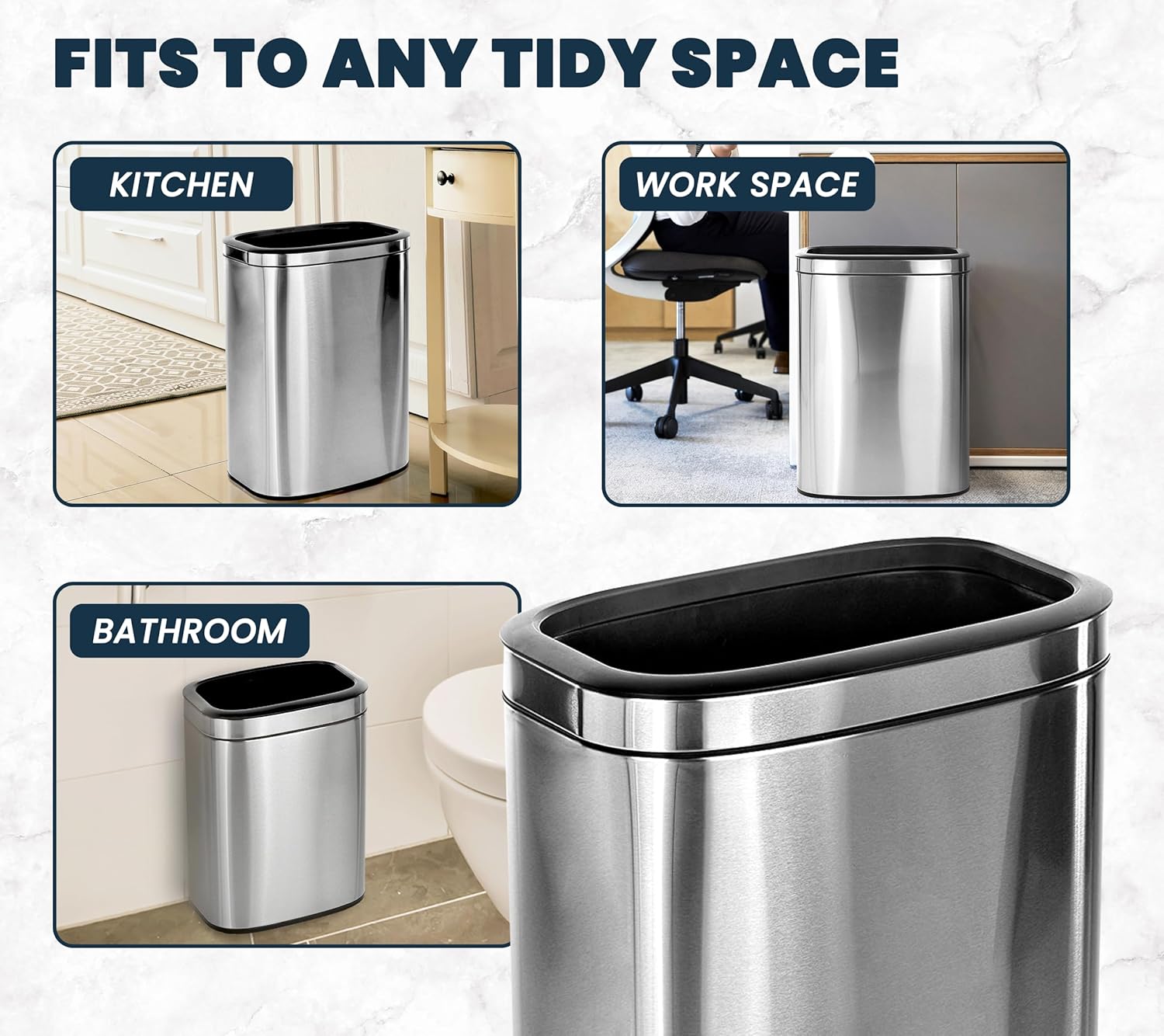 Alpine Stainless Steel Open Top Trash Can 10.5 Gallon - 40L Garbage Can for Kitchen, Bathroom