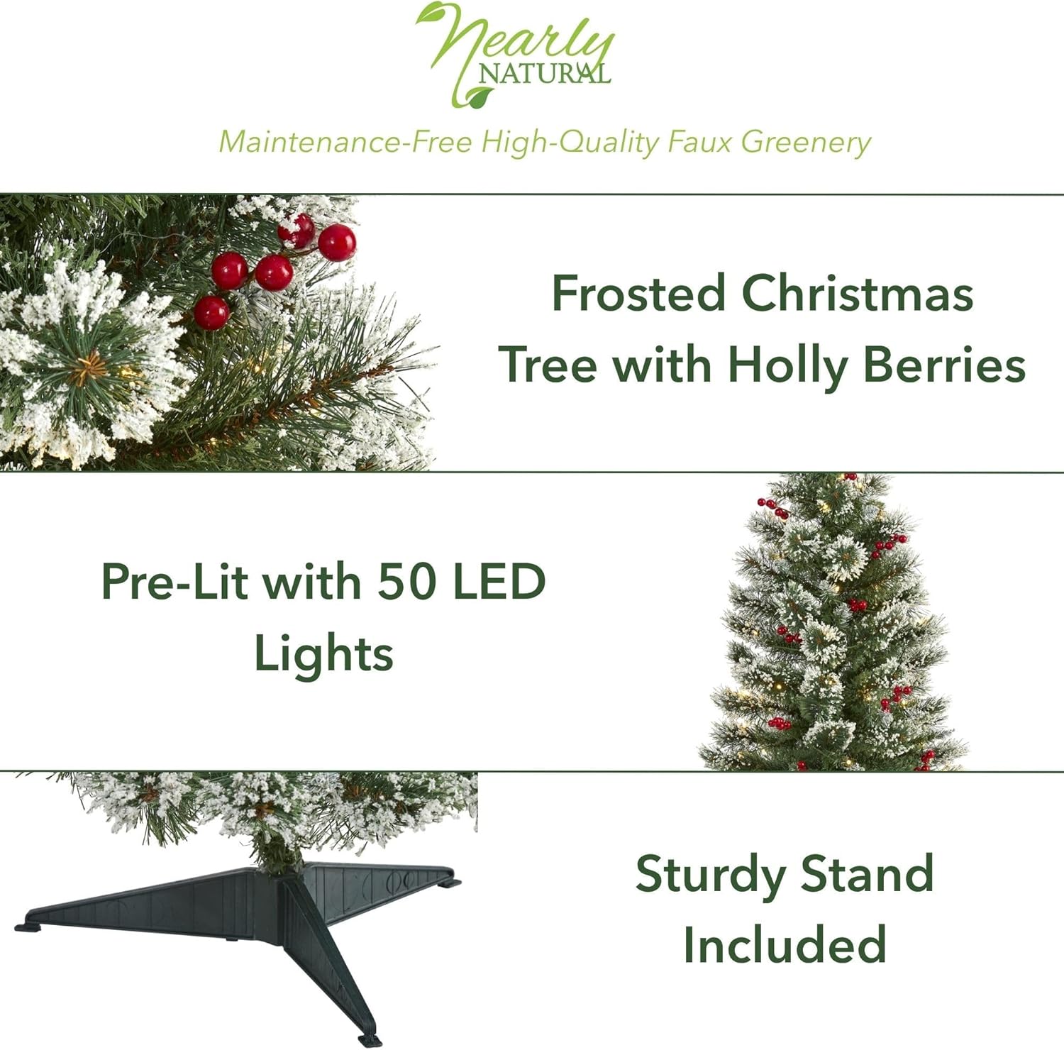 Nearly Natural 3ft. Frosted Swiss Pine Artificial Christmas Tree with 50 Clear LED Lights and Berries