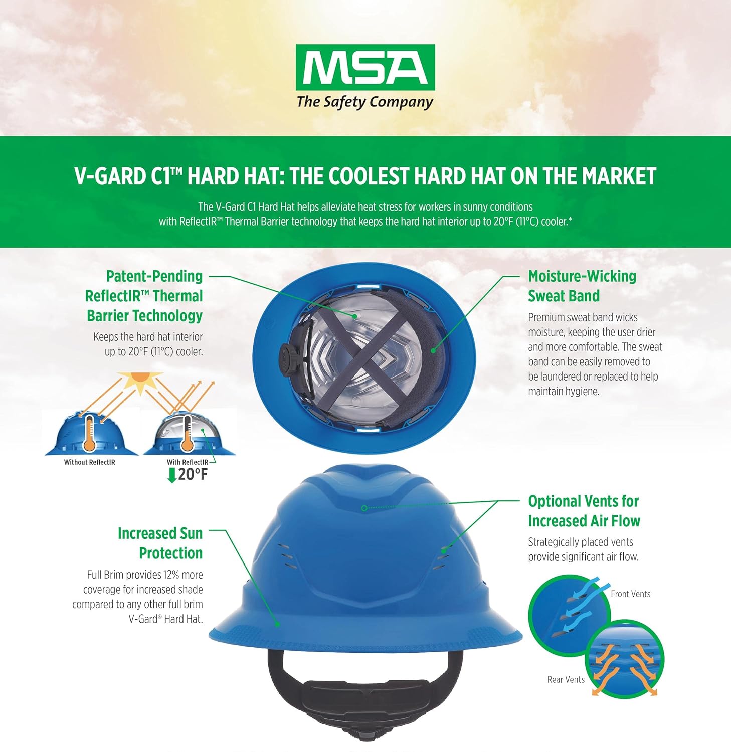 MSA 10215842 V-Gard C1 Non-Vented Hi-Viz Orange Full Brim with ReflectIR Cooling Thermal Barrier and Fas-Trac III Suspension