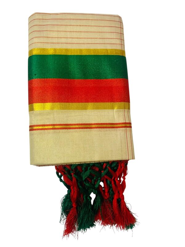 Women's Kuthampully Kerala Kasavu Set mundu Tissue with Kunjam | Kerala Tissue set mundu latest collections | Kuthampully Stripe Kasavu set mundu - Multi Color KTM-902 (Red)